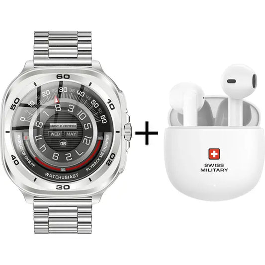 Swiss Military DOM7 Smartwatch Gun Metal Steel Strap Bundle with Victor 6 Earbuds
