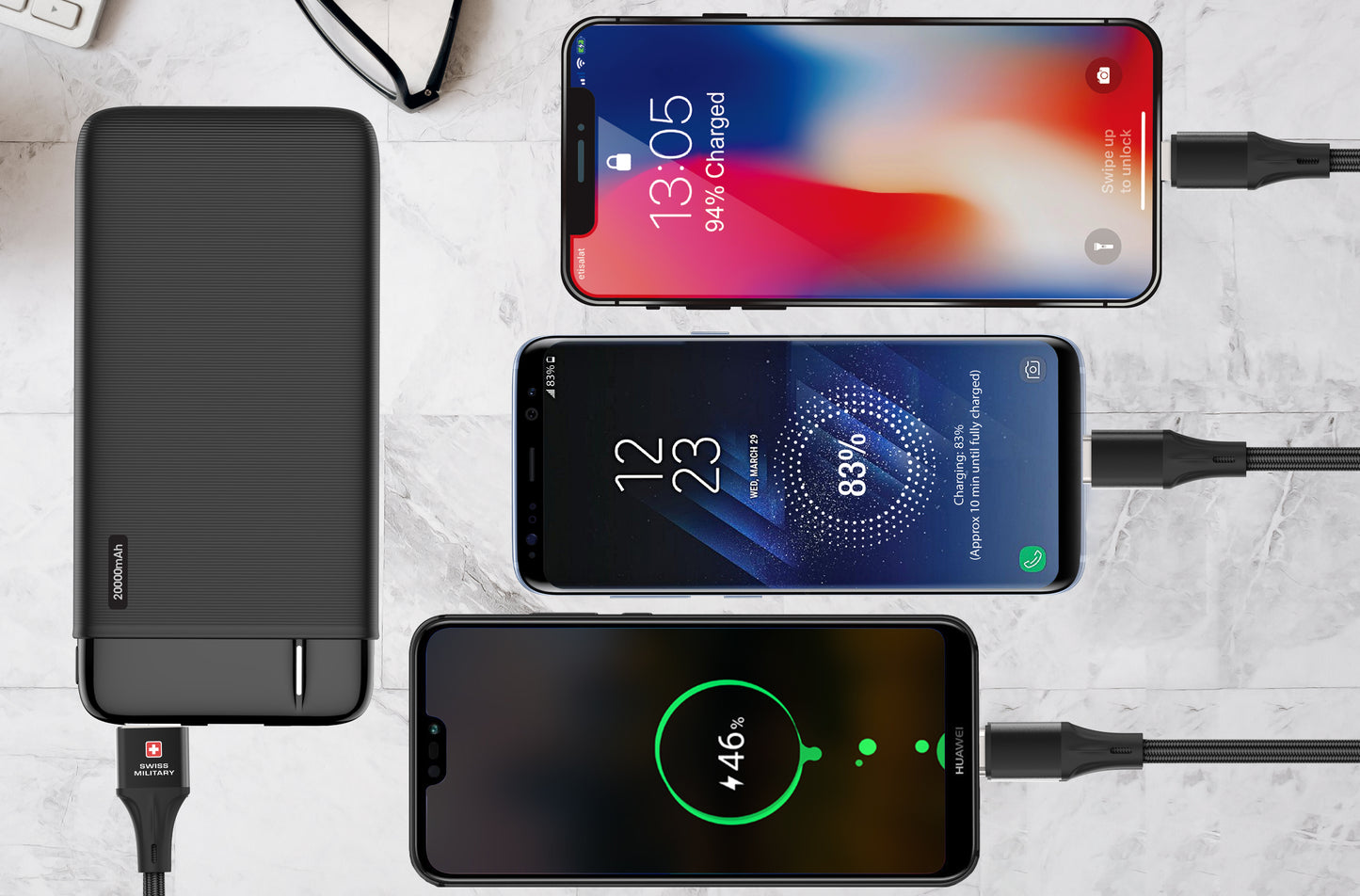 Swiss Military 3-in-1 Fast Charging Cable Dual USB-C & Lightning Braided 1M Black