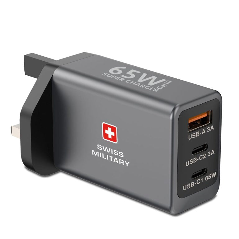 Swiss Military 65W GaN Fast Charger with 2 USB-C & 1 USB-A Ports