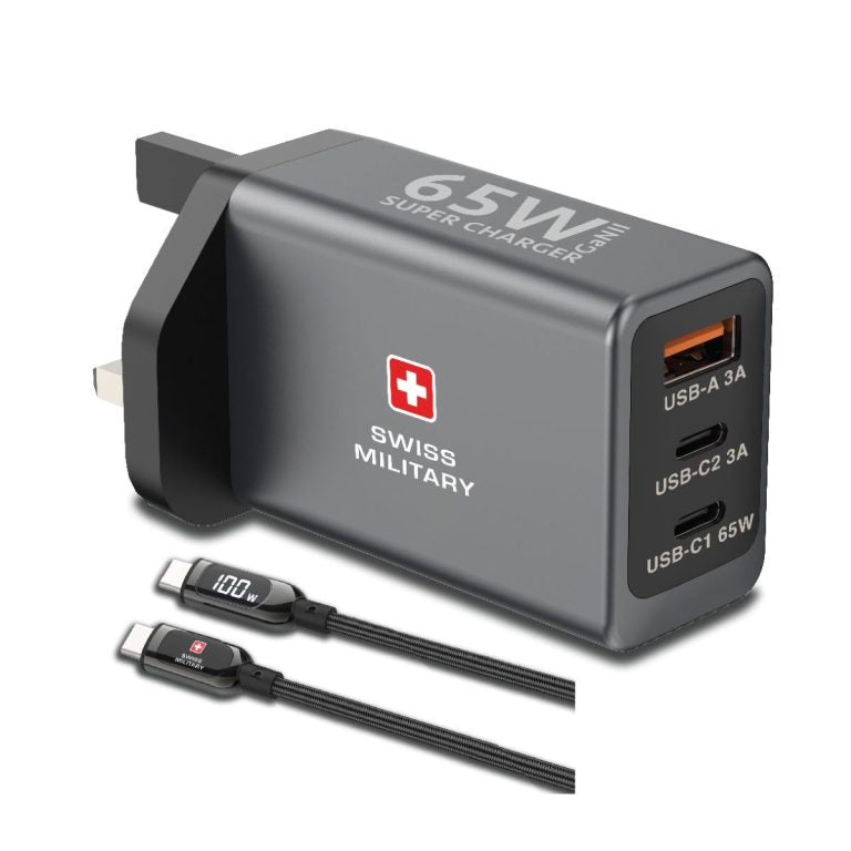 Swiss Military 65W GaN Fast Charger with 2 USB-C & 1 USB-A Ports