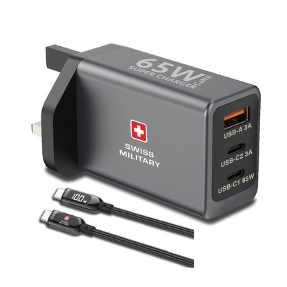 Swiss Military 65W GaN Fast Charger with 2 USB-C & 1 USB-A Ports