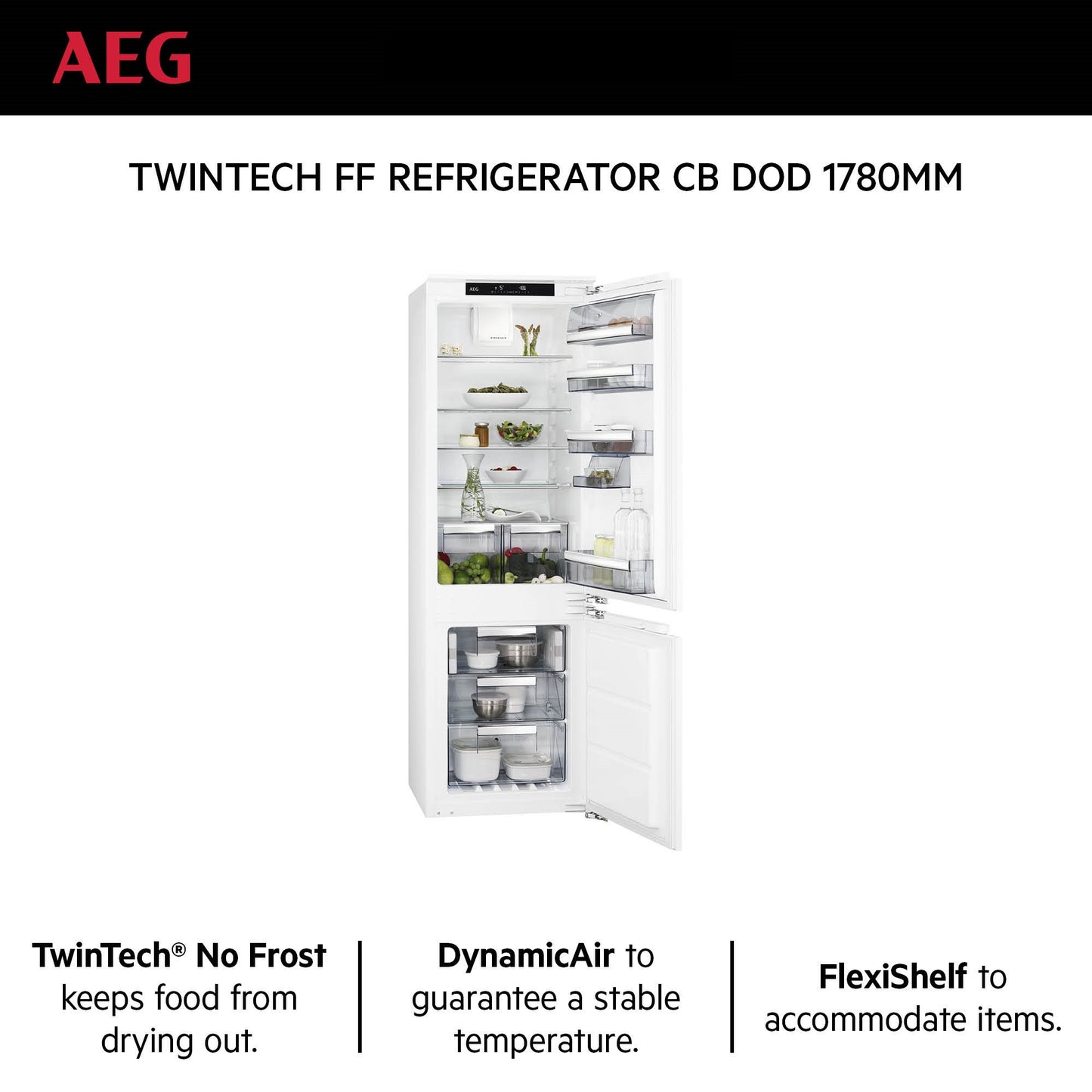 AEG Built-in Refrigerator 240 Litre, No-Frost, inverter Compressor, Tempered glass, Digital Control, White, SCE81816TC