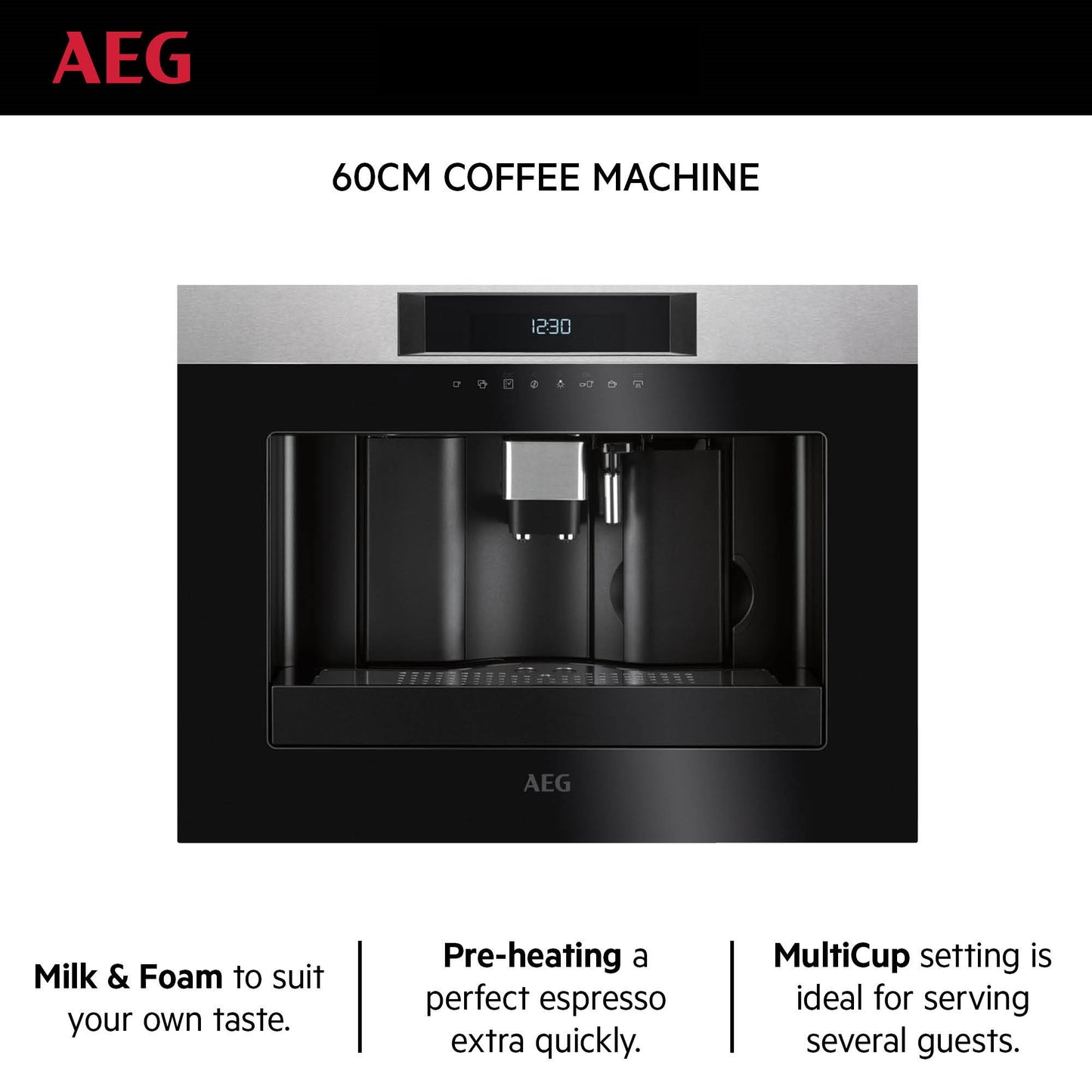 AEG Built-in Coffee Machine 60cm, pre-heating function, Multicup setting, 2.5 litre tank, Black, KKK884500M