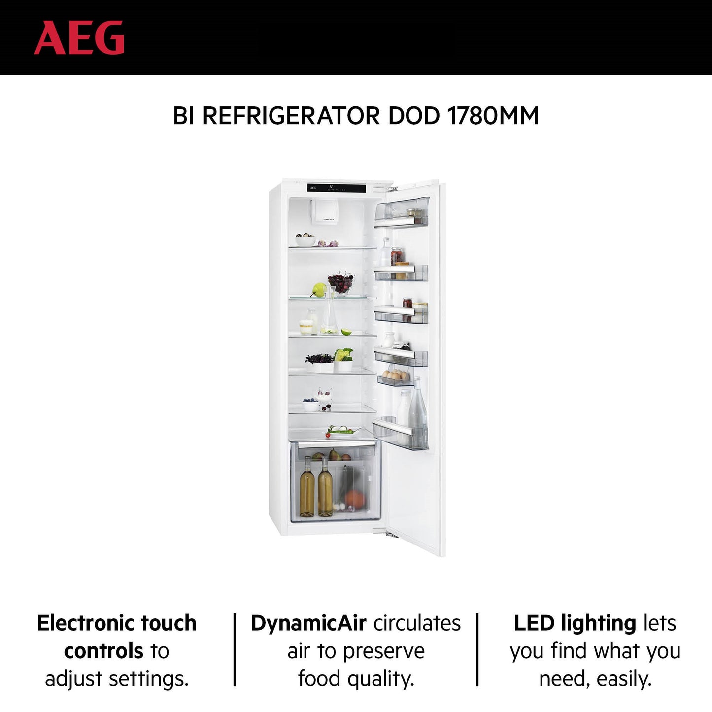 AEG Built-in Refrigerator 310 Litre, No-Frost, inverter Compressor, Tempered glass, Digital Control, White, SKE81811DC