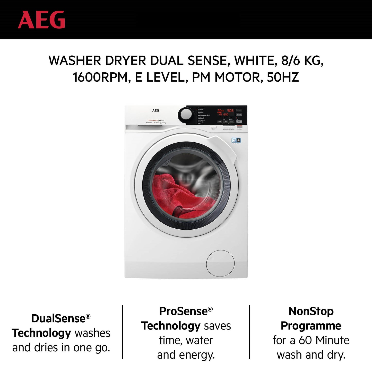 AEG Standalone Front Load Washer Dryer 8 kg, Free standing, Prosense technology, Stain Removal, Eco Wash, White, LWX7E8611B