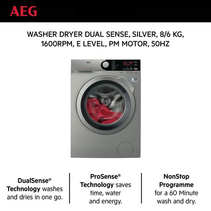 AEG Standalone Front Load Washer Dryer 8 kg, Free standing, Prosense technology, Stain Removal, Eco Wash, Silver, LWX7E8611S