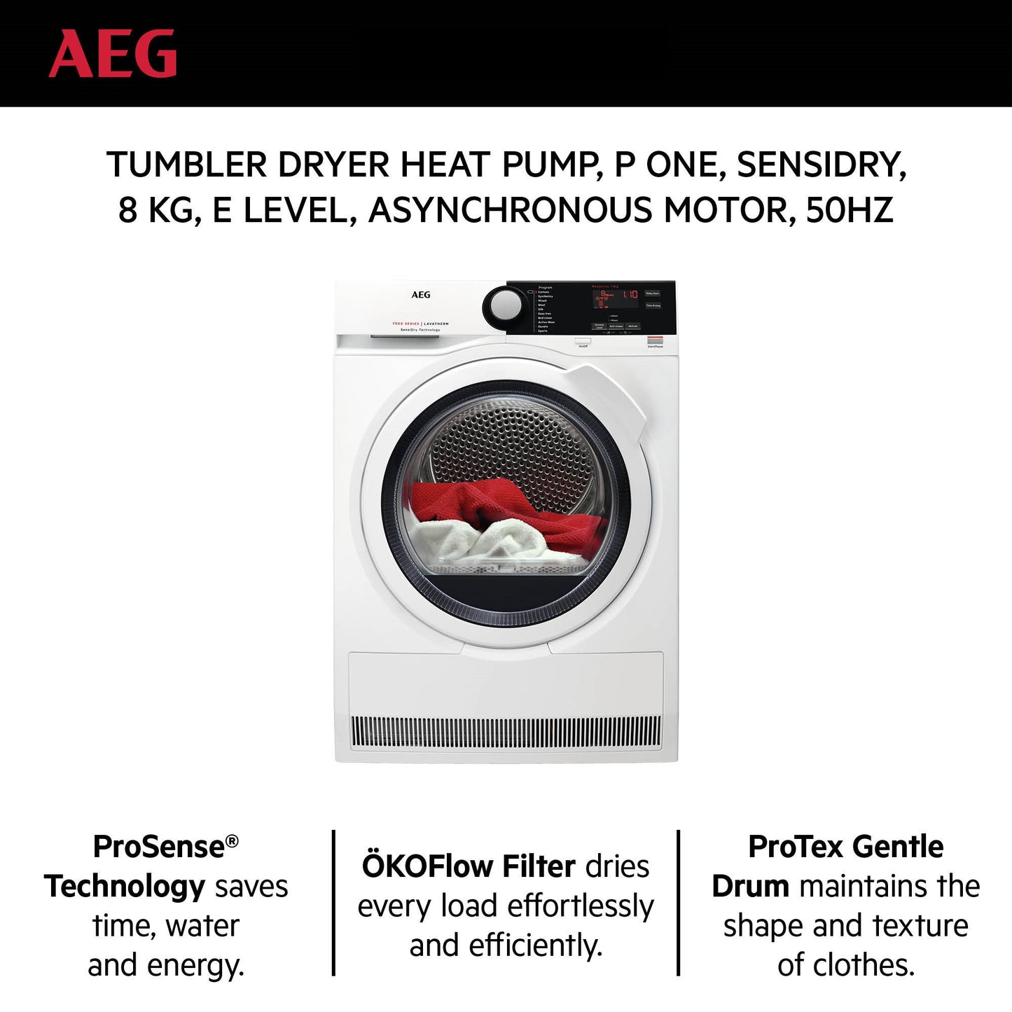 AEG Standalone Front Load Dryer 8 kg, Free standing, Prosense technology, Easy-Iron, Eco dry, White, T7DBE831