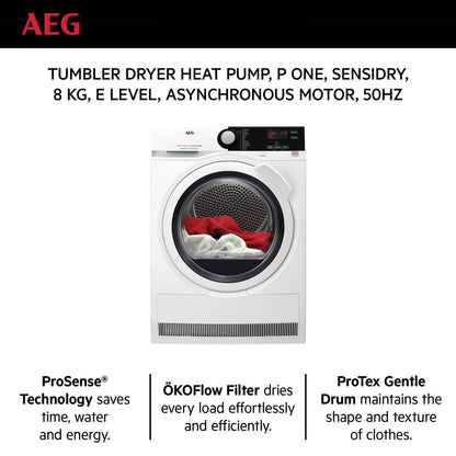 AEG Standalone Front Load Dryer 8 kg, Free standing, Prosense technology, Easy-Iron, Eco dry, White, T7DBE831