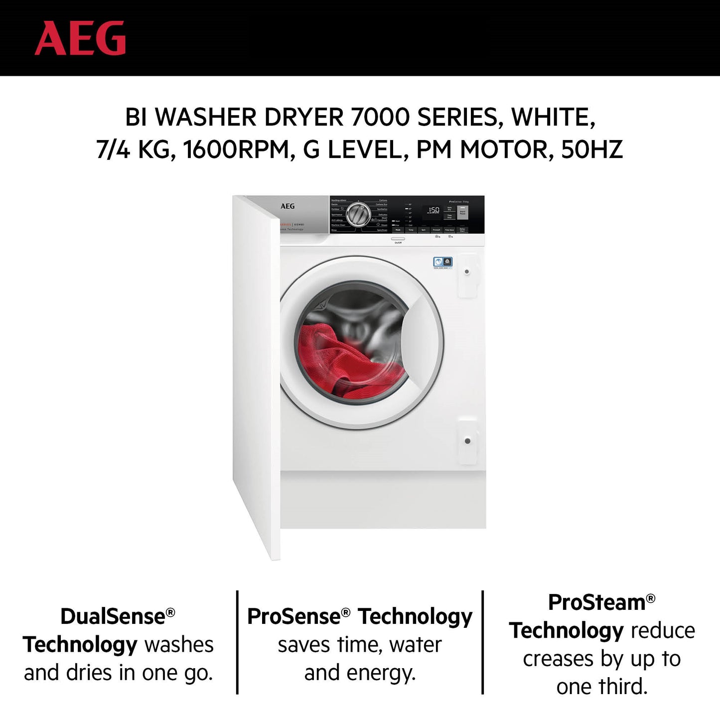 AEG Built-in Front Load Washer Dryer 7kg/4kg, 1200 RPM, Made in Italy, Prosense technology, Stain Removal, Eco Wash, White, LWX7G7634FB