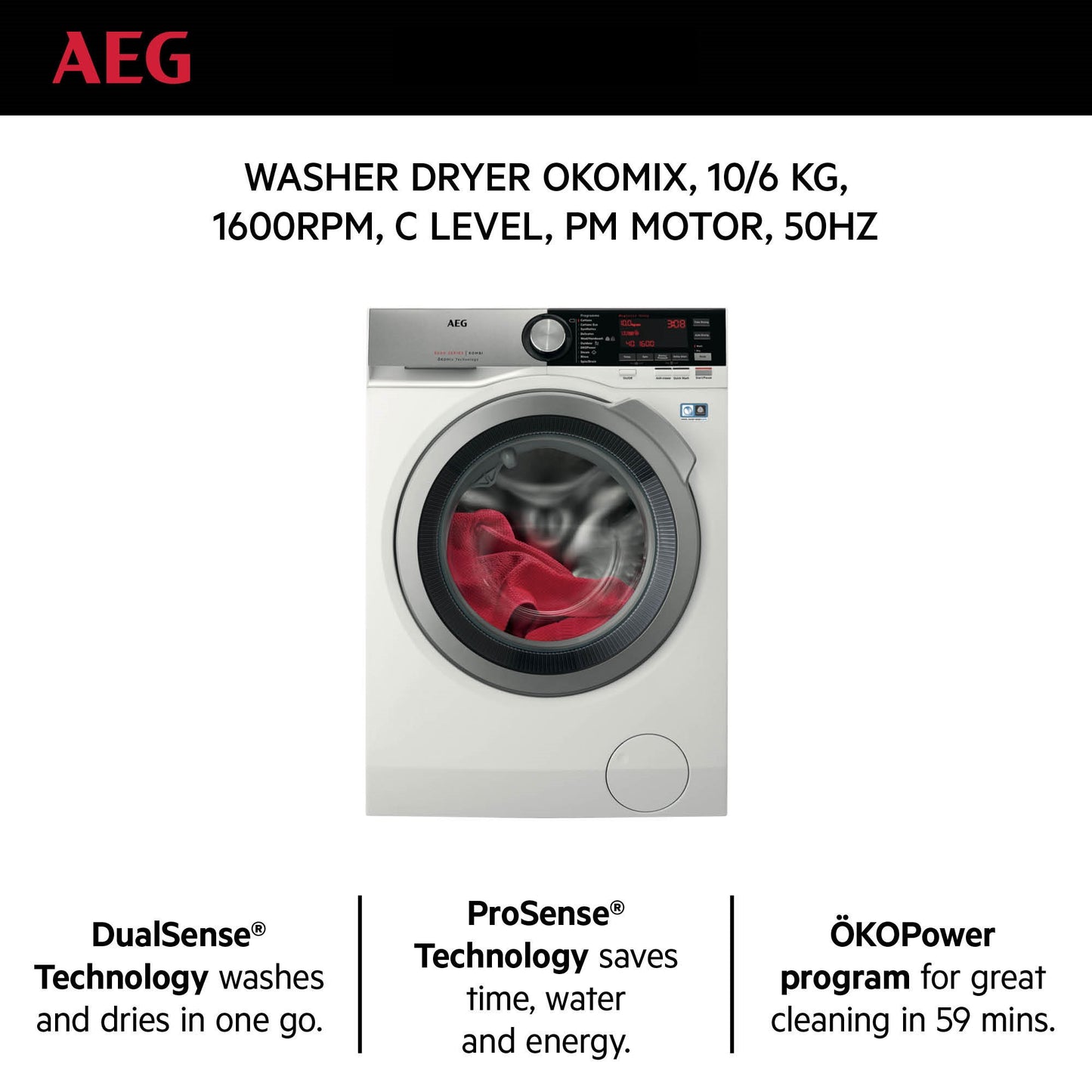 AEG Standalone Front Load Washer Dryer 10 kg, Free standing, Prosense technology, Stain Removal, Eco Wash, White, LWX8C1612W