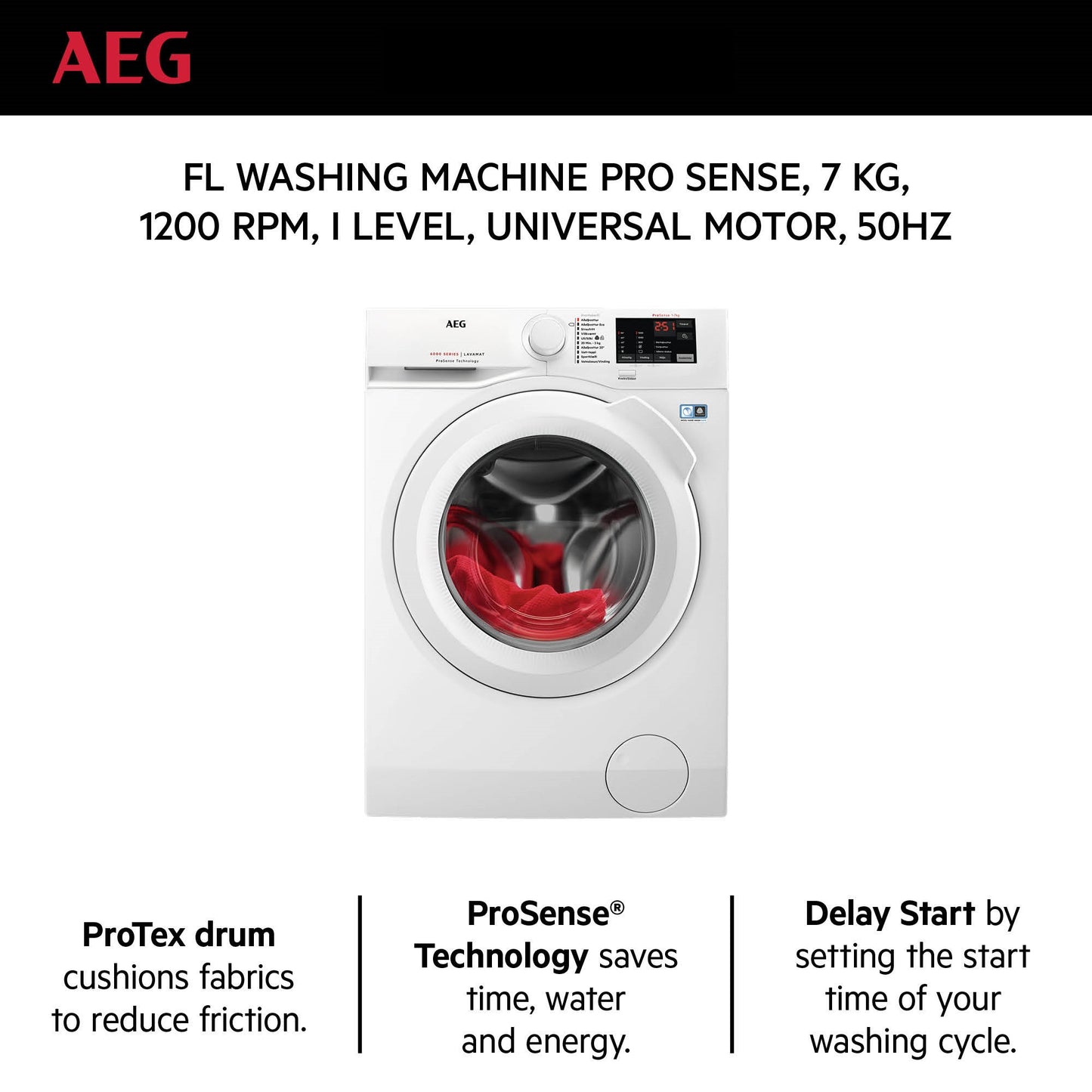 AEG Standalone Frontload Washer 7 Kg, Free standing, Prosense technology, Stain Removal, Eco Wash, White, LFW6I7261B
