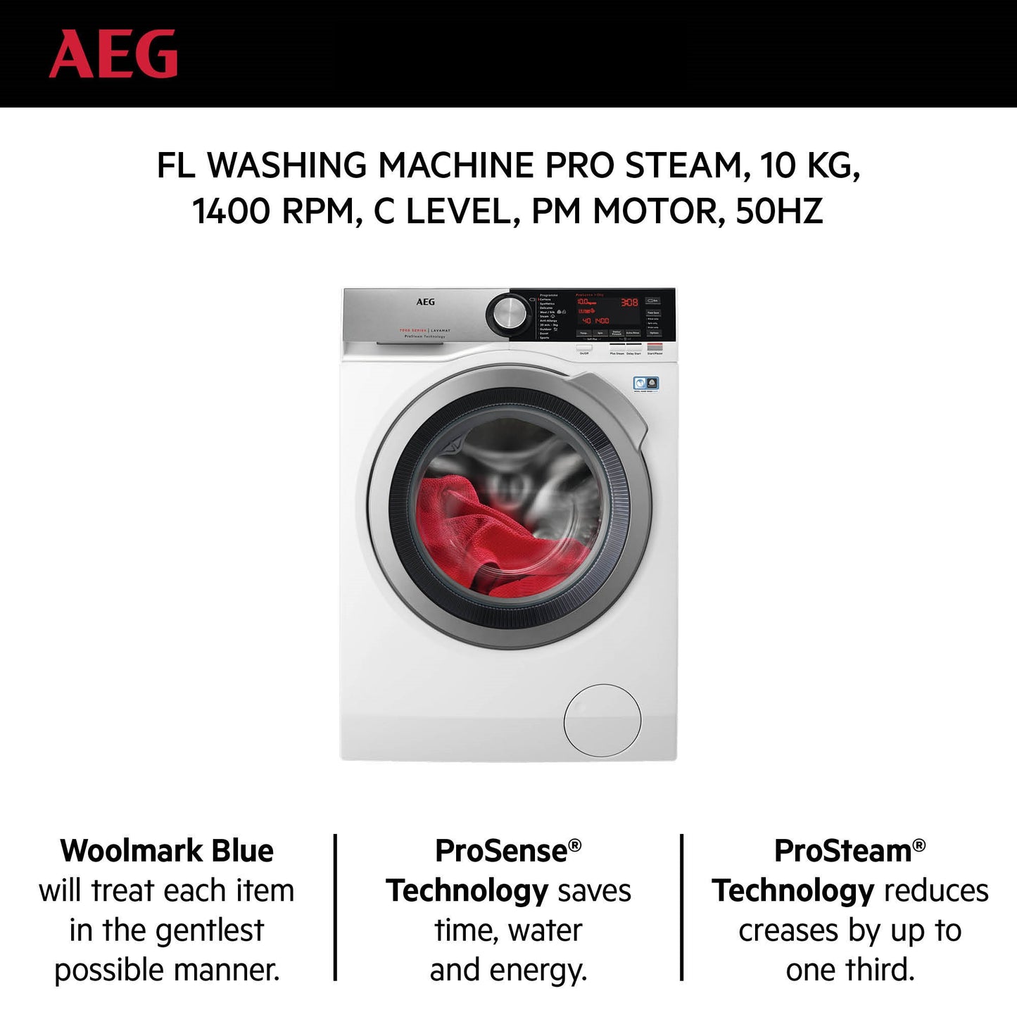 AEG Standalone Frontload Washer 10 kg, Free standing, Prosense technology, Pro Steam, Eco Wash, White, LFE7C1412B