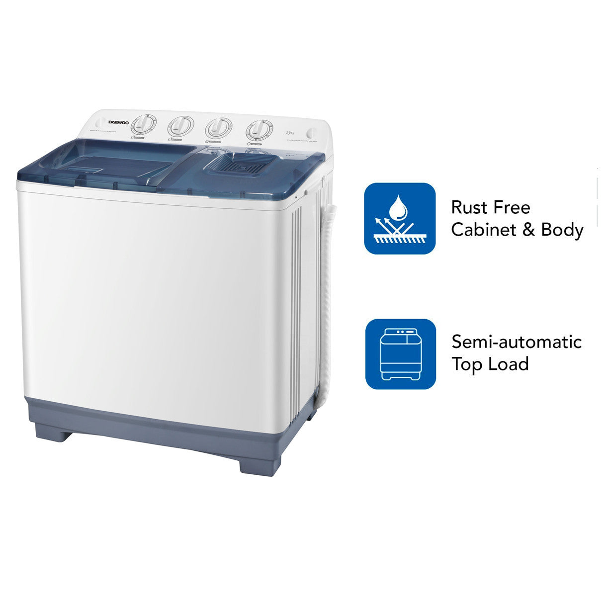 Daewoo Semi-Automatic Twin Tub Washing Machine 13Kg, Strong Pulsator, Universal Motor, Gentle wash, White, DW-T130W