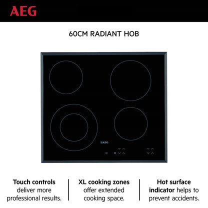 AEG Built-in Electric Hob 60cm, Touch controls, Xl cooking zones, Hot surface indicator, Black, HK624010FB