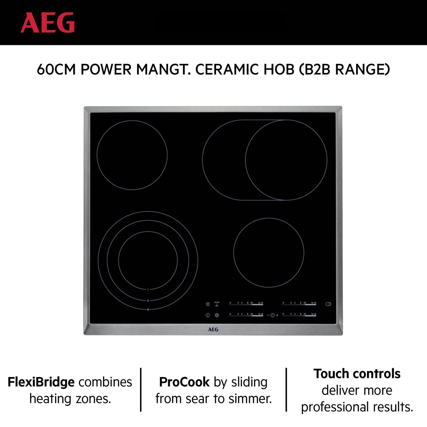 AEG Built-in Electric Ceramic Hobs 60cm, Flexibridge, Procook, Touch controls, Black, HK654071XB