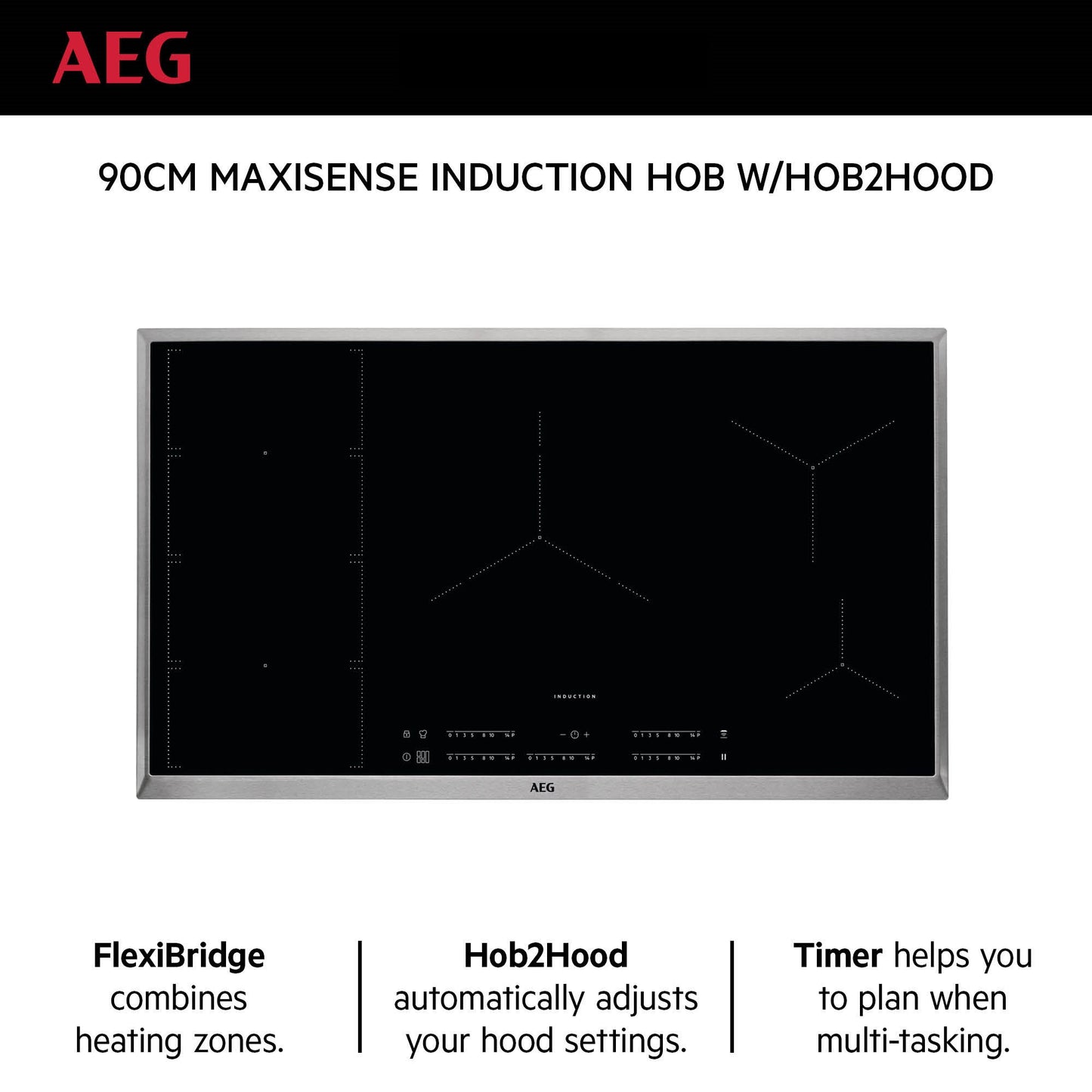 AEG Built-in Induction Hob 90cm, Maxi Sense Hob2Hood, Flexibridge, Multitasking Timer, Black, IKE95474XB