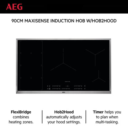 AEG Built-in Induction Hob 90cm, Maxi Sense Hob2Hood, Flexibridge, Multitasking Timer, Black, IKE95474XB
