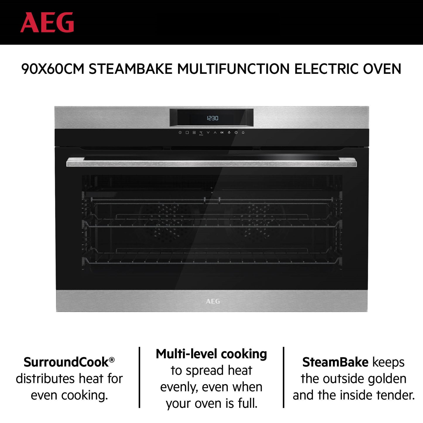 AEG Built-in Electric Oven 90cm, Multilevel-cooking, Steambake, Surroundcook, Black, BEK722910M