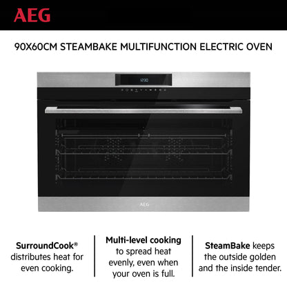 AEG Built-in Electric Oven 90cm, Multilevel-cooking, Steambake, Surroundcook, Black, BEK722910M