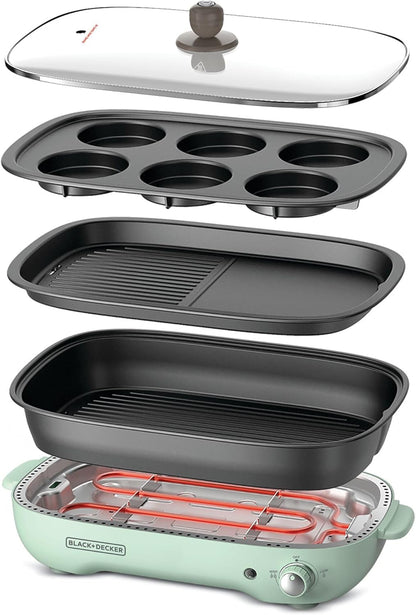 Black + Decker Grill , 3-in-1 Multifunction Grill, 1400W, 4L Family-Sized Capacity, Dual Pattern Grill Plate, 3 Interchangeable Non-Stick Pans for Hotpot, Grilling, Baking & Frying, Green, GMF1400-B5