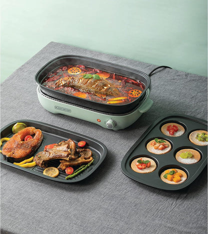 Black + Decker Grill , 3-in-1 Multifunction Grill, 1400W, 4L Family-Sized Capacity, Dual Pattern Grill Plate, 3 Interchangeable Non-Stick Pans for Hotpot, Grilling, Baking & Frying, Green, GMF1400-B5