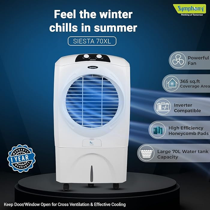Symphony Desert Air Cooler, 70L, White, SIESTA 70XL