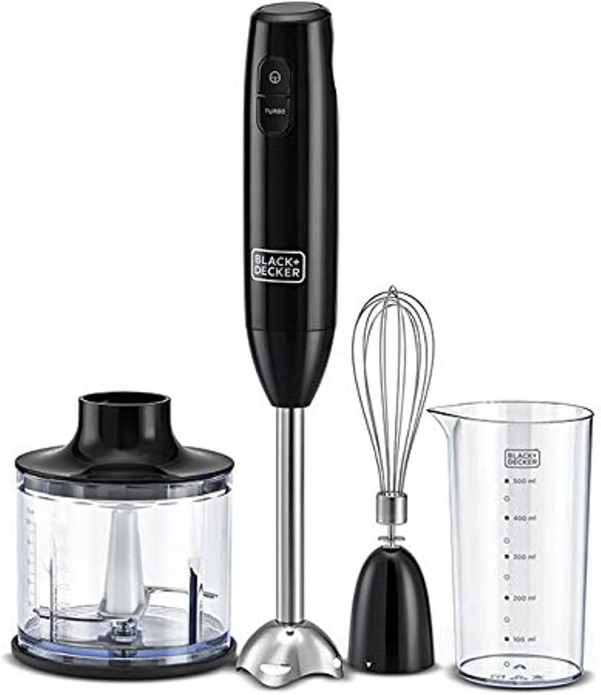 Black + Decker Hand Blender, 600ml Chopping Bowl, 2 Speeds, 3-in-1 Functionality for Blending, Chopping and Whisking, Black, HB600-B5