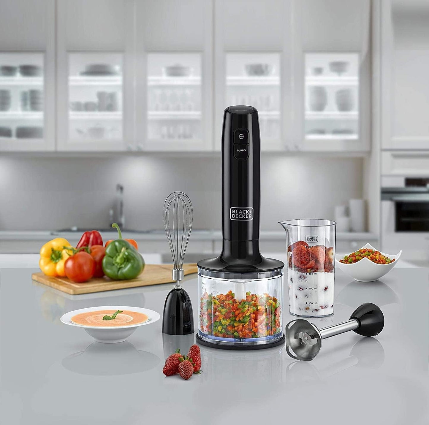 Black + Decker Hand Blender, 600ml Chopping Bowl, 2 Speeds, 3-in-1 Functionality for Blending, Chopping and Whisking, Black, HB600-B5