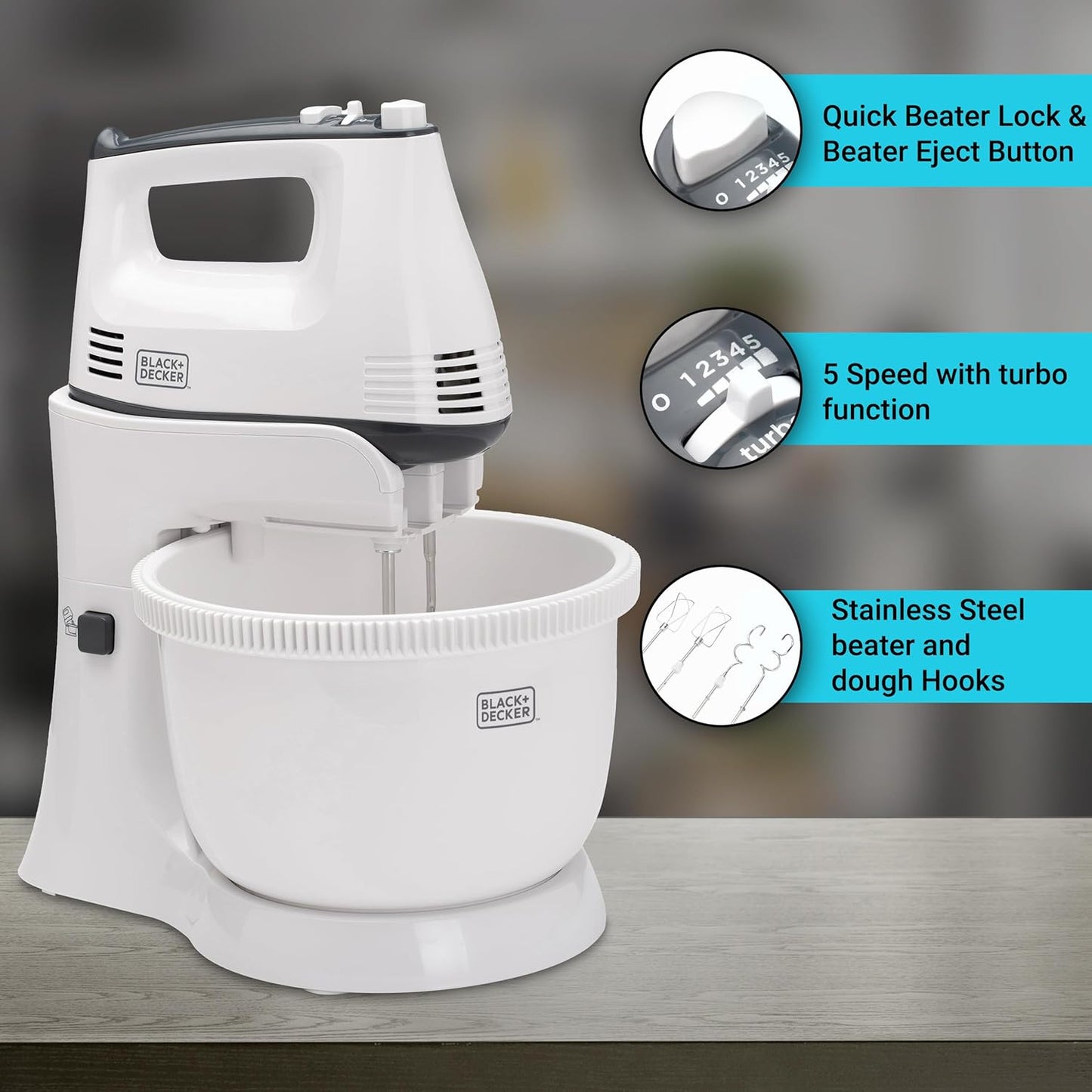 Black + Decker Stand Mixer, 300W, 5 speed, White, M700-B5