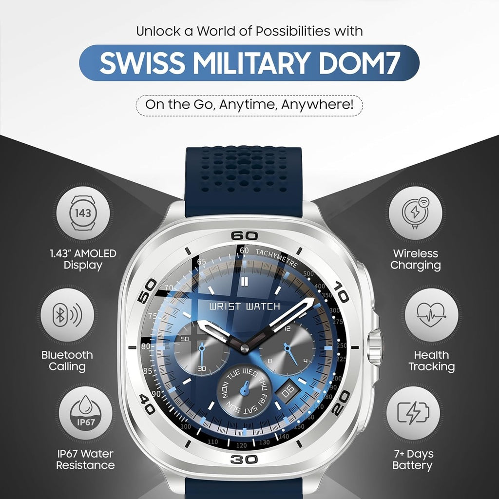 Swiss Military DOM7 Smartwatch – Silver Blue Metal Strap