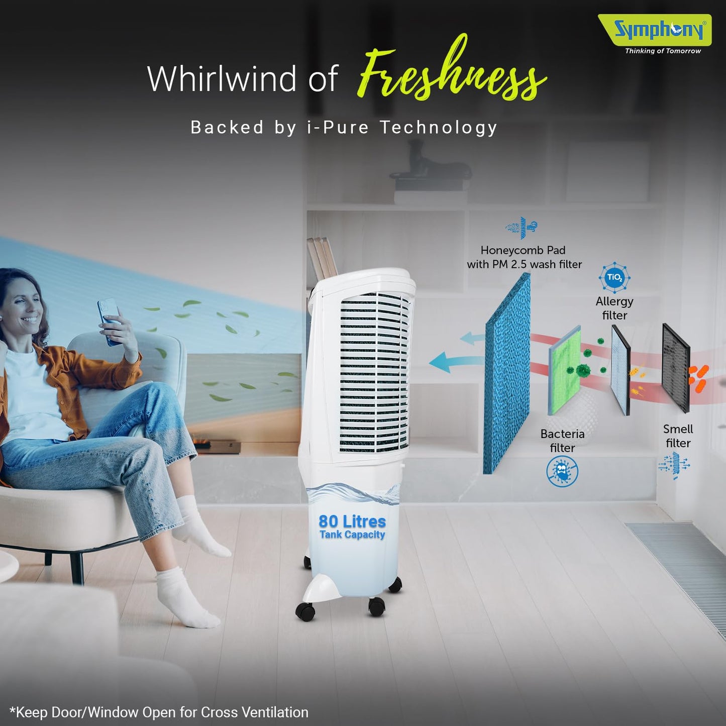 Symphony Air Cooler, Easy-fill, 3D Cooling, Manual control, Dura-Pump technology, Cool Flow, low Energy consumption, i-pure technology, White, Winter 80XL