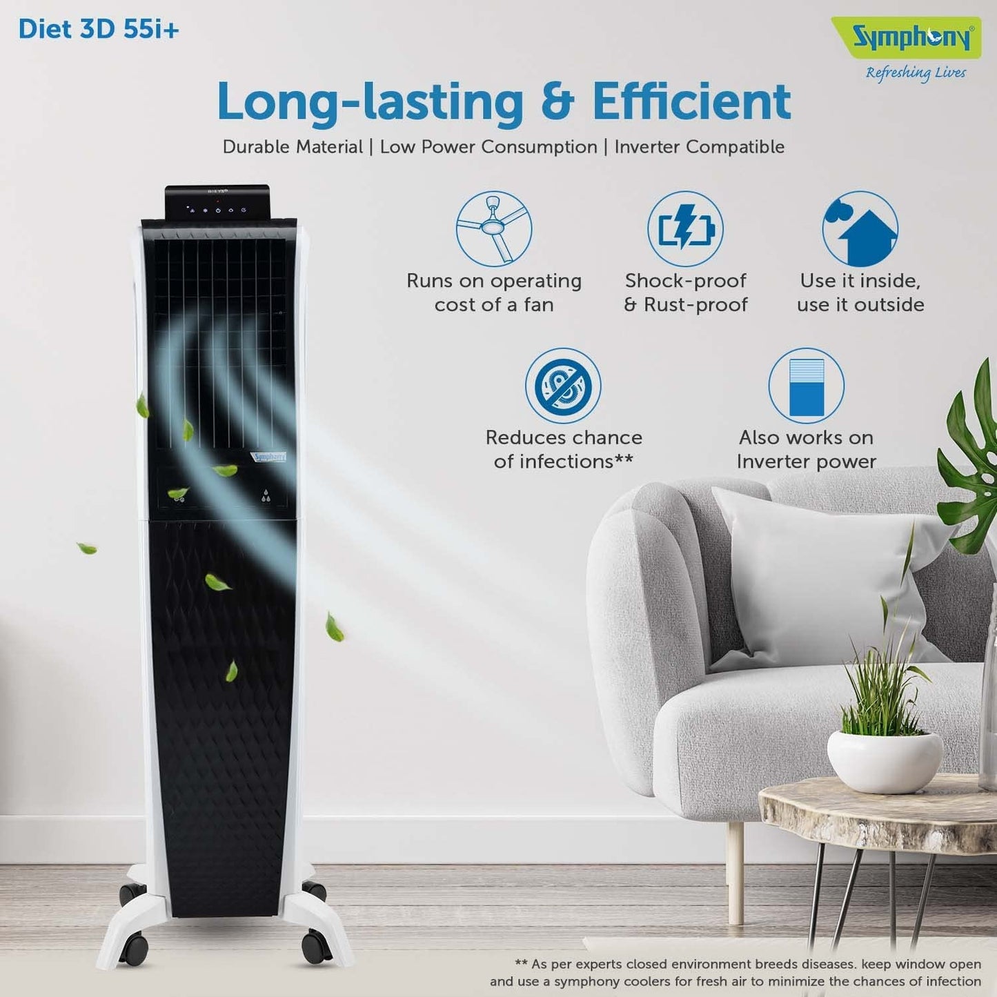 Symphony Air Cooler, Easy-fill, 3D Cooling, Digital control, Dura-Pump technology, Cool Flow, low Energy consumption, i-pure technology, Black, Diet 3D 55i