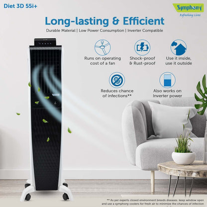 Symphony Air Cooler, Easy-fill, 3D Cooling, Digital control, Dura-Pump technology, Cool Flow, low Energy consumption, i-pure technology, Black, Diet 3D 55i