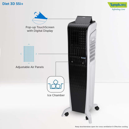 Symphony Air Cooler, Easy-fill, 3D Cooling, Digital control, Dura-Pump technology, Cool Flow, low Energy consumption, i-pure technology, Black, Diet 3D 55i