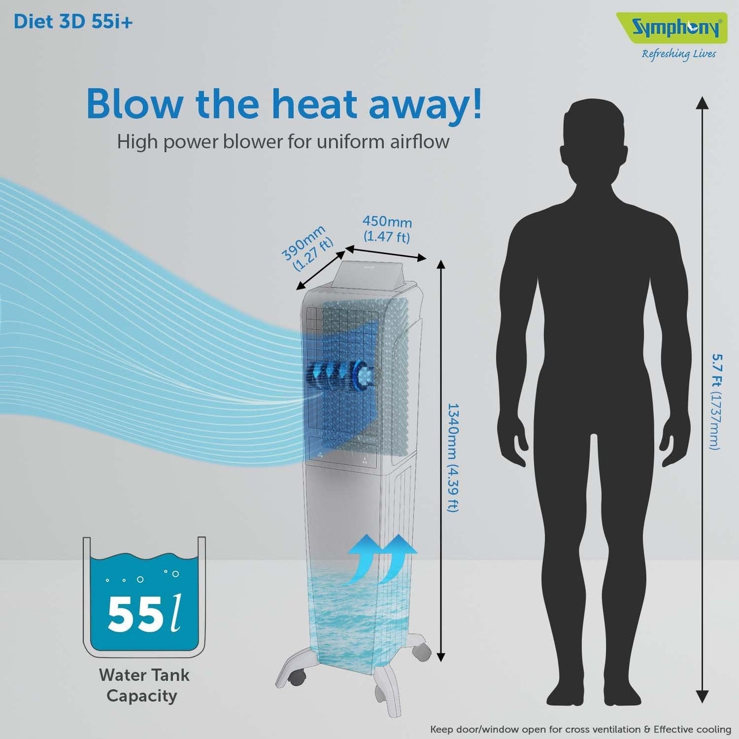 Symphony Air Cooler, Easy-fill, 3D Cooling, Digital control, Dura-Pump technology, Cool Flow, low Energy consumption, i-pure technology, Black, Diet 3D 55i