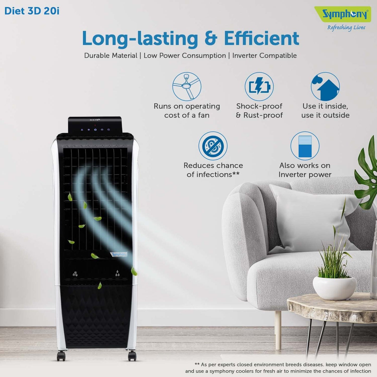 Symphony Air Cooler, Easy-fill, 3D Cooling, Digital control, Dura-Pump technology, Cool Flow, low Energy consumption, i-pure technology, Black, Diet 3D 20i