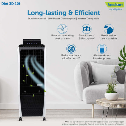 Symphony Air Cooler, Easy-fill, 3D Cooling, Digital control, Dura-Pump technology, Cool Flow, low Energy consumption, i-pure technology, Black, Diet 3D 20i