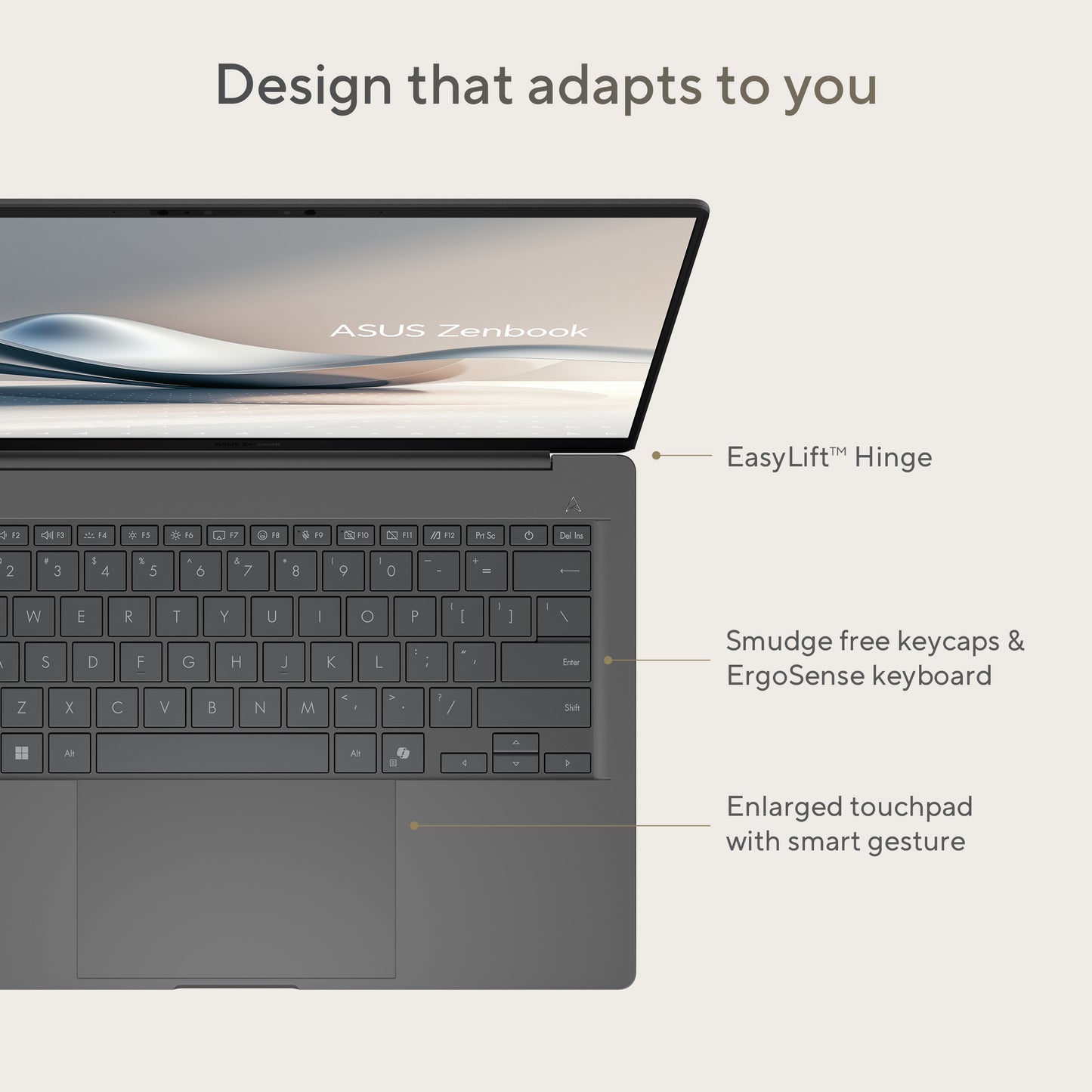 Asus Zenbook A14 Notebook, 12 CORE Hamoa Snapdragon X Elite X1E 78 100, 32GB RAM, 1TB Storage, 14-inch WUXGA (1920 x 1200) OLED 16:10, Qualcomm Hexagon NPU Graphics up to 45TOPS, Win 11 Home, Zabriskie Beige, UX3407RA-QD906W