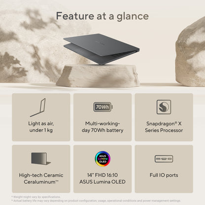 Asus Zenbook A14 Notebook, 12 CORE Hamoa Snapdragon X Elite X1E 78 100, 32GB RAM, 1TB Storage, 14-inch WUXGA (1920 x 1200) OLED 16:10, Qualcomm Hexagon NPU Graphics up to 45TOPS, Win 11 Home, Zabriskie Beige, UX3407RA-QD906W