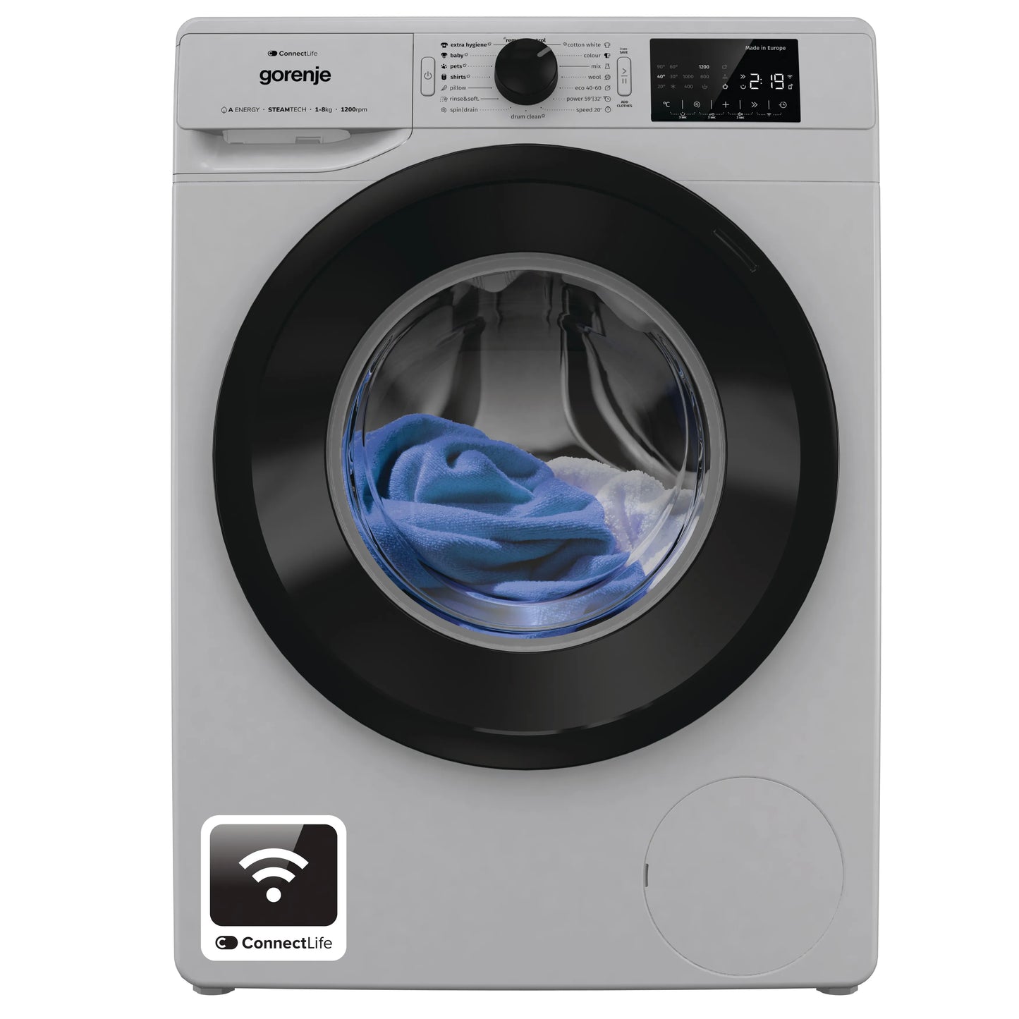 Gorenje Smart Front Load Washing Machine, 8KG, Wi-Fi, 1200 RPM, Grey, WPNEI82A1SWA