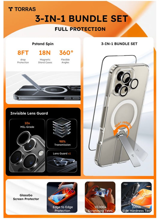 TORRAS Pstand 3-in-1 Bundle for iPhone 16 Pro Max - Clear