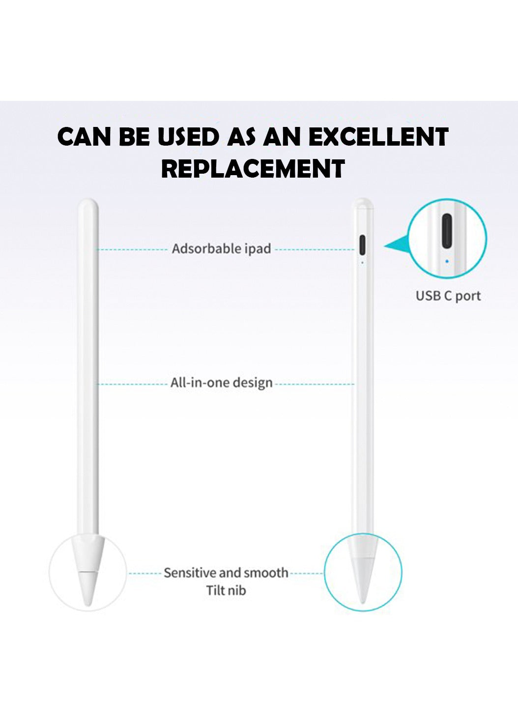 PROTECT  Universal Pencil Stylus Pen, Type C Charging, With Type C Cable, White, PPK08