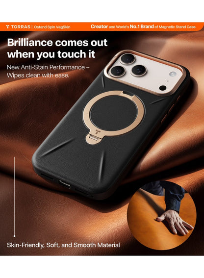 TORRAS Ostand Spin VegSkin Vegan Leather Case for iPhone 17 Pro - Black