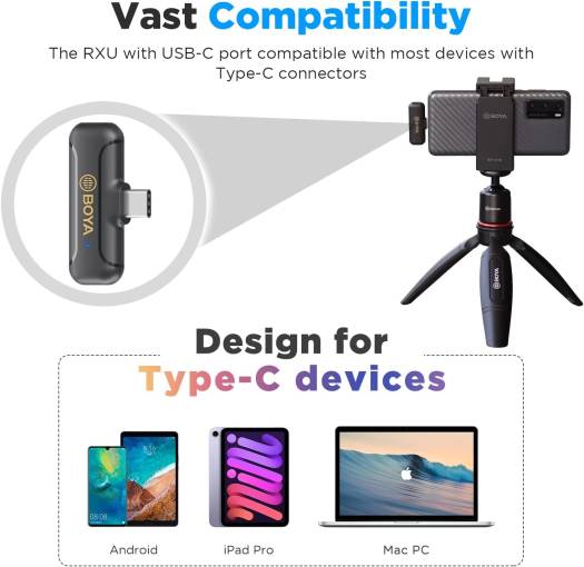 Boya Wireless Dual Channel Microphone, Omnidirectional Built-in Mic, 50m Operating Range, Automatic Pairing, 10 Hour Runtime, Noise Cancellation, USB Type-C Connector, Black, BY-WM3T2-U2