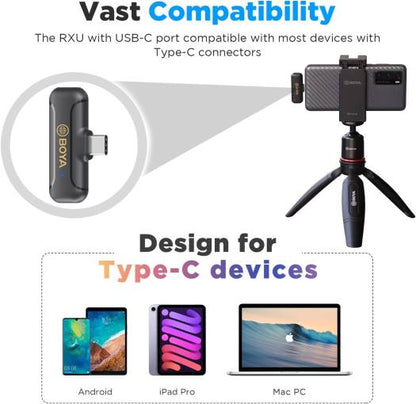 Boya Wireless Dual Channel Microphone, Omnidirectional Built-in Mic, 50m Operating Range, Automatic Pairing, 10 Hour Runtime, Noise Cancellation, USB Type-C Connector, Black, BY-WM3T2-U2