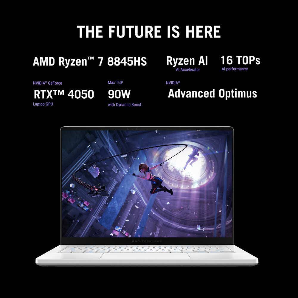 ASUS ROG Zephyrus GA403UU-OLED7132W Gaming Laptop, AMD R7-8000 R7-8845HS, 32GB RAM, 1TB SSD, RTX 4050 6GB, 14 3K OLED, Windows 11 Home, Platinum White