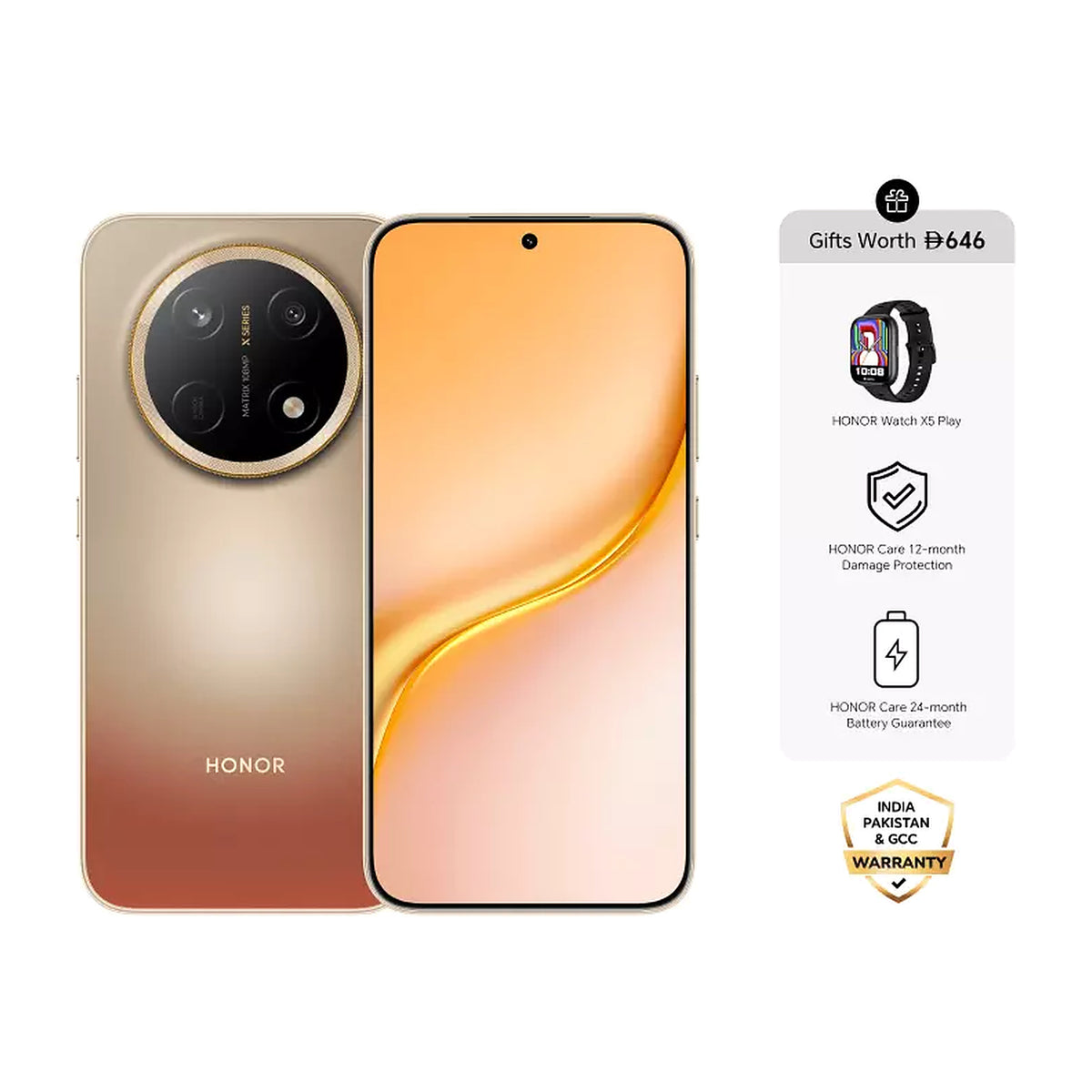 Honor X9e Pro 5.5G in Dawn Gold, front and back view