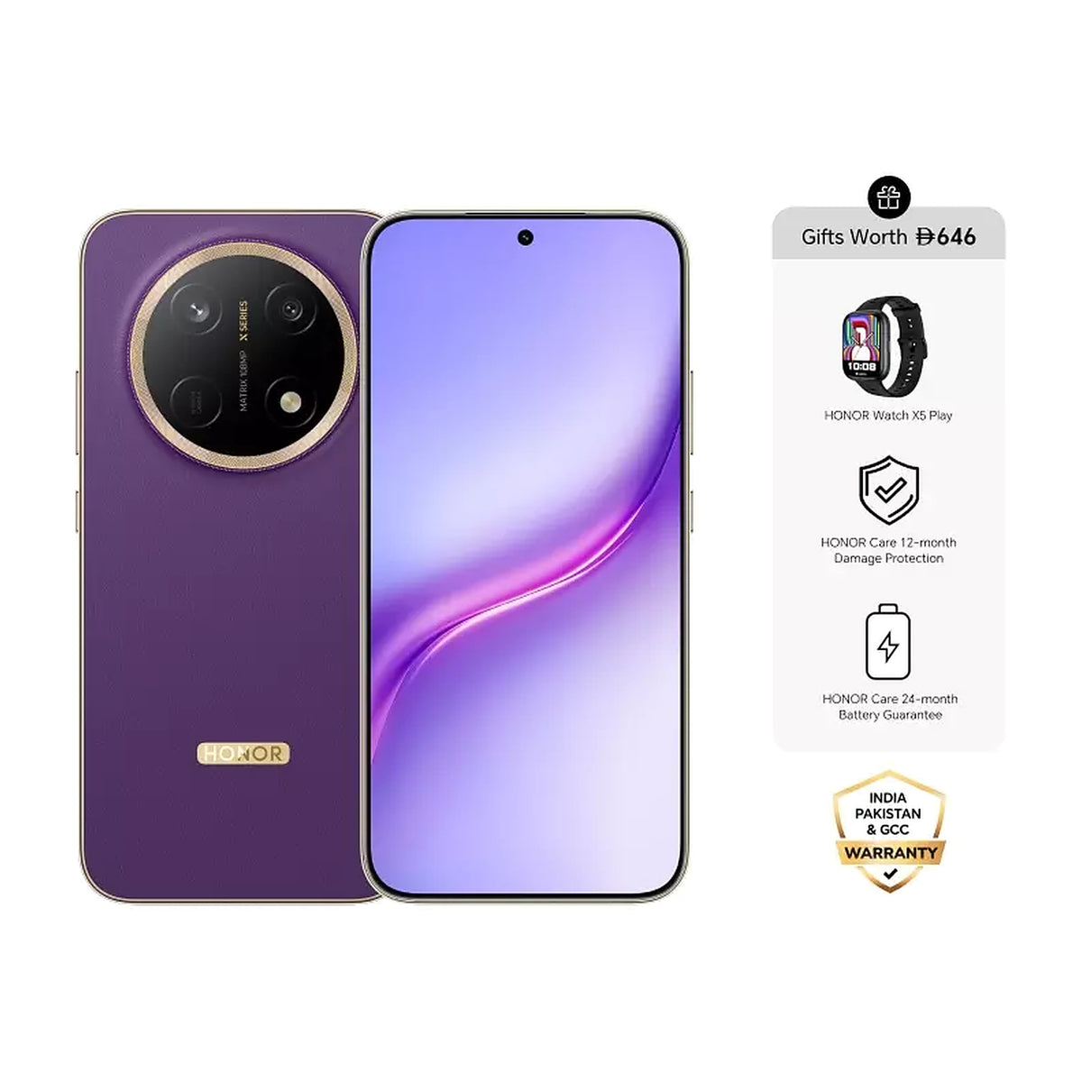 Honor X9e Pro 5.5G in Deep Purple, front and back view
