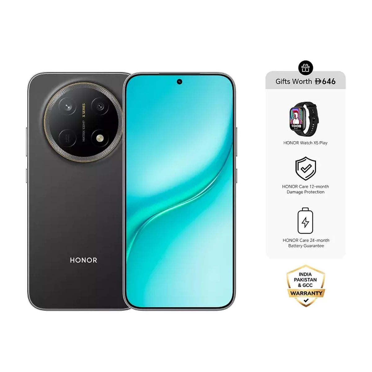 Honor X9e Pro 5.5G in Midnight Black, front and back view