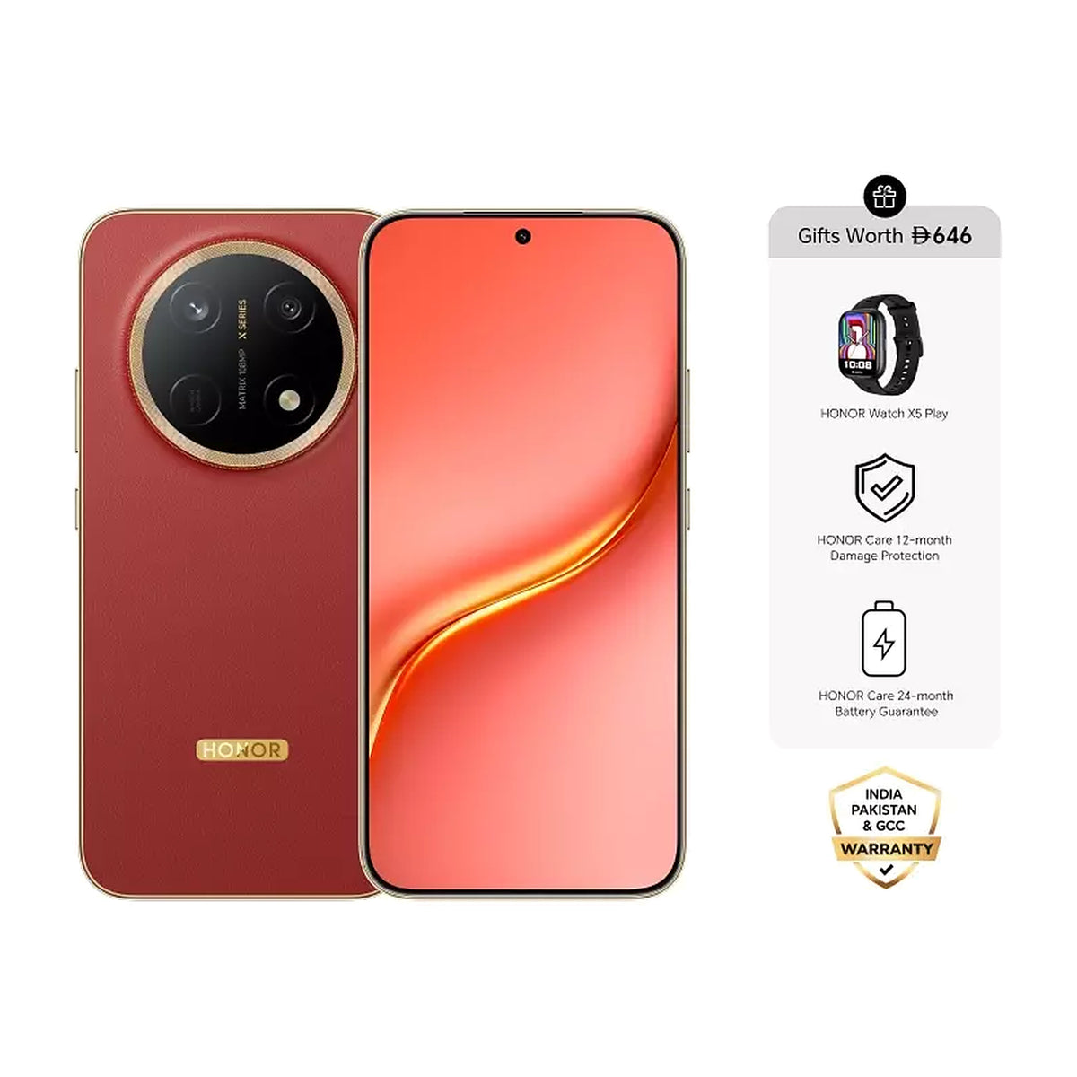 Honor X9e Pro 5.5G in Reddish Brown, front and back view